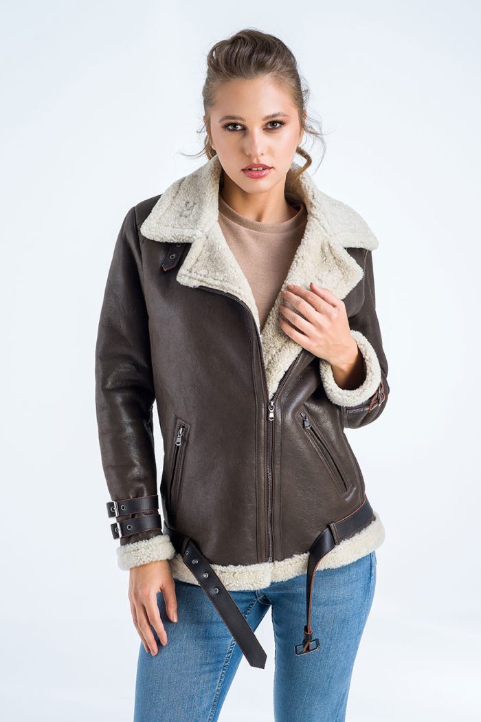 Brown Biker Bomber Sheepskin Jacket with Cream Shearling Fur™