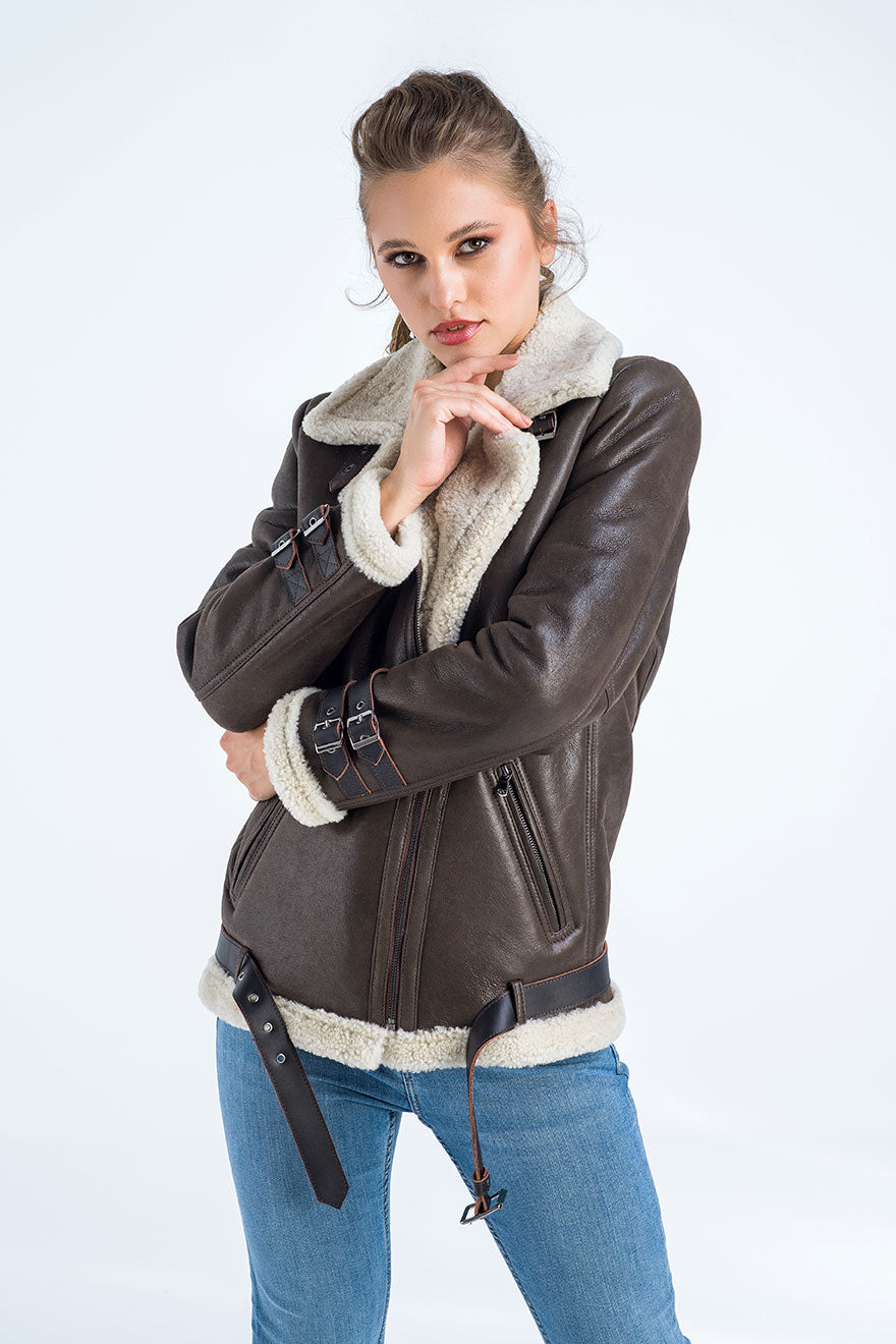 Brown Biker Bomber Sheepskin Jacket with Cream Shearling Fur™