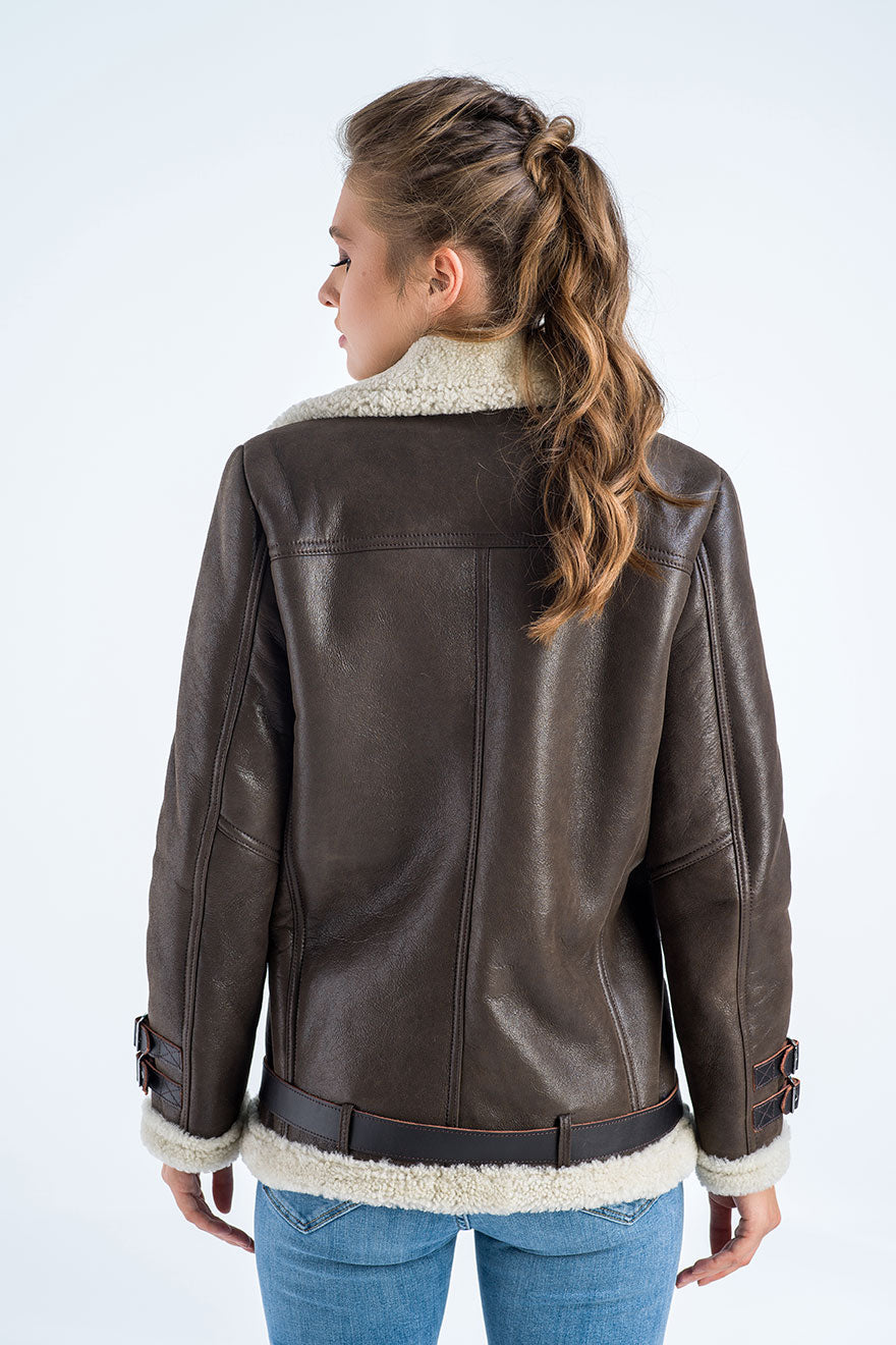 Brown Biker Bomber Sheepskin Jacket with Cream Shearling Fur™