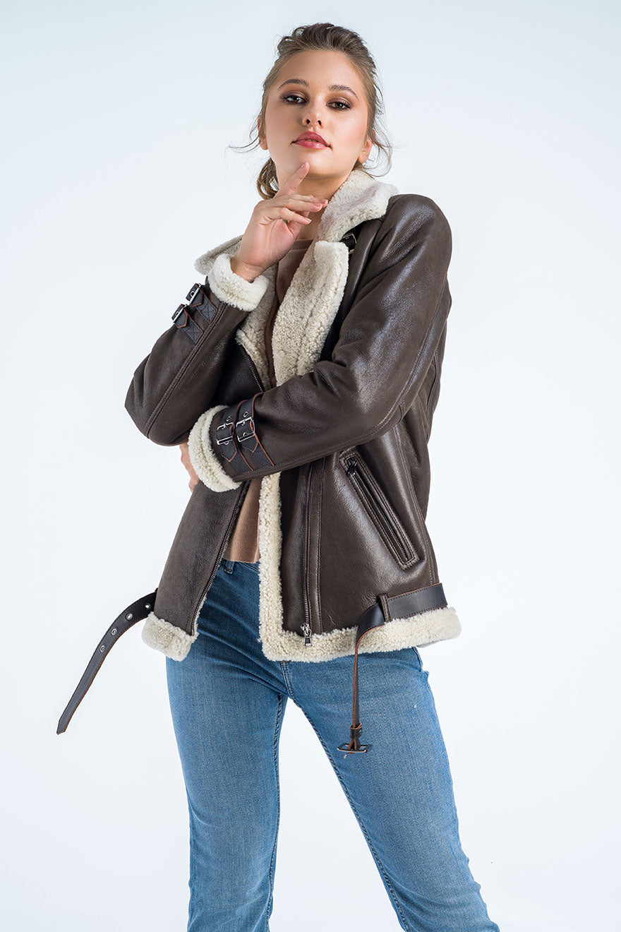Brown Biker Bomber Sheepskin Jacket with Cream Shearling Fur™